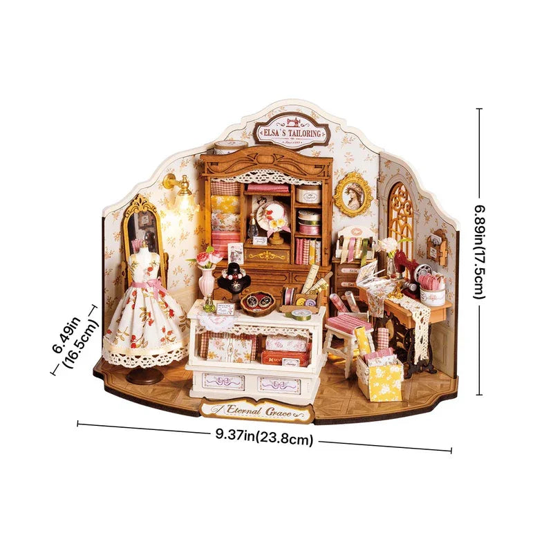 Robotime DIY Miniature House Kit Elsa's Tailoring 1:18 Scale Dollhouse Building Kit Antique Bookshelf Display Crafts for Adults